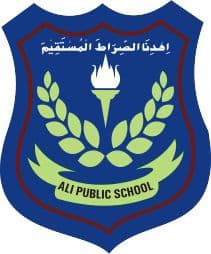 Ali Public School crest — a navy shield with a green wreath and a gold torch